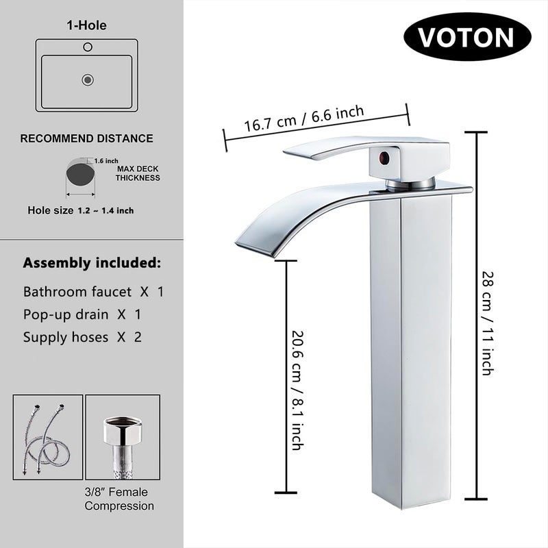 VOTON Vessel Sink Faucet Chrome Modern Tall Waterfall Bathroom Sink Faucet Single Handle Bathroom Faucet 1 Hole Bowl Lavatory Vanity Faucet, Rv Sink Camper Farmhouse Bathroom Utility Remodel Faucet - Image 2